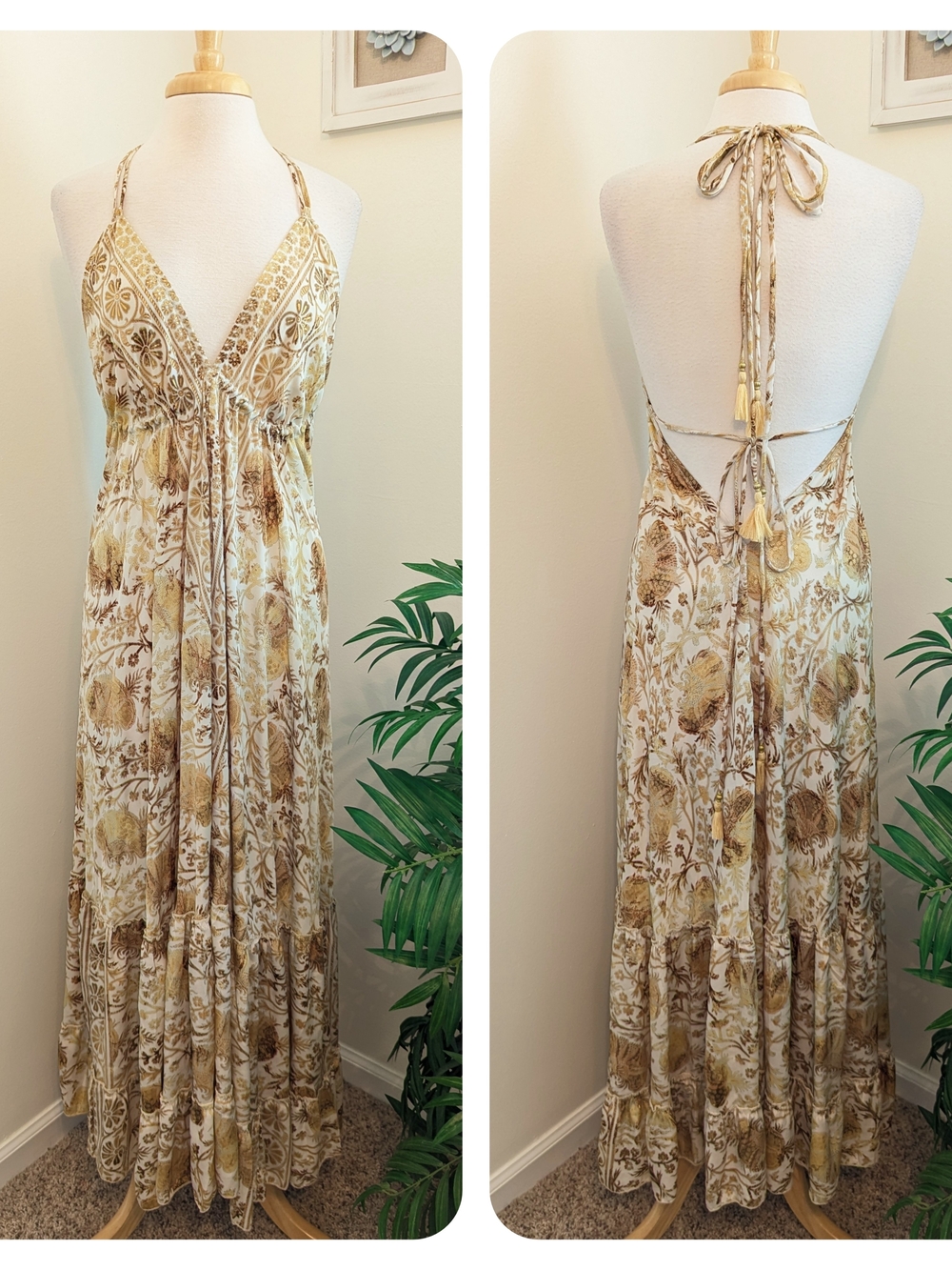 Karma Nepal Craft | Boutique Bohemian Halter Backless Maxi Dress Cream & Gold OS